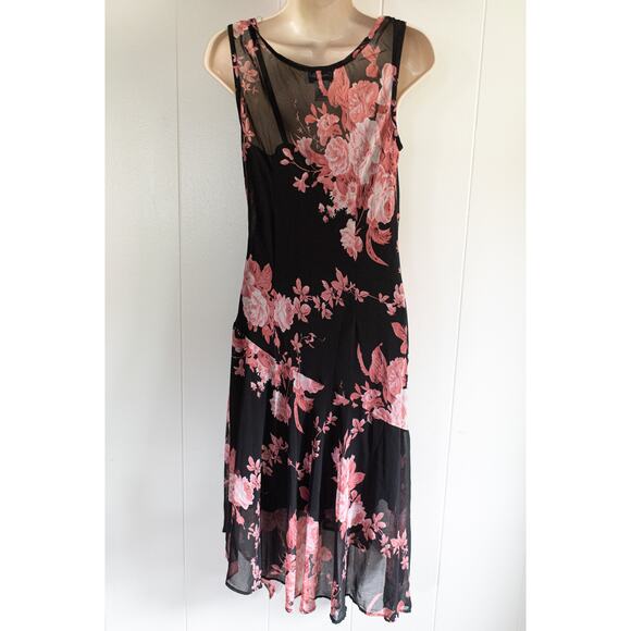 Y2K Fairy Grunge Dress Asymmetric Handkerchief Hem Dark Florals Vintage M Sheer - Picture 2 of 9